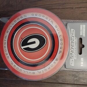 Georgia Bulldogs set of 4 coasters with tin Holder new sealed